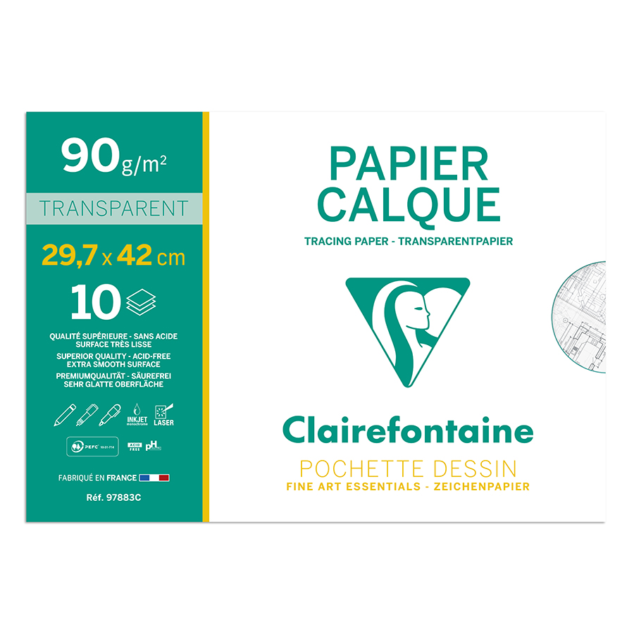 Papier calque - 10 feuilles A3 29.7 x 42 cm - 90 g/m² - Clairefontaine -  Papiers et pochettes dessin - Supports de dessin et coloriage